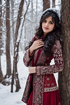 photorealistic,  masterpiece,  best quality,  raw photo, hot  Indian model Shirley setia , beautiful black hair, trendy red winter wear, looking gorgeously seductive , snow fall forest background, playing with snow ,  intricate detail,  detailed skin,  highres,  hdr,