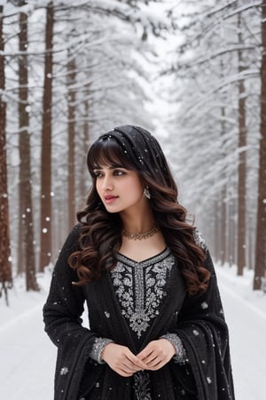photorealistic,  masterpiece,  best quality,  raw photo, hot  Indian model Shirley setia , beautiful black hair, trendy winter wear, looking gorgeous , snow fall forest background, playing with snow ,  intricate detail,  detailed skin,  highres,  hdr,