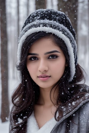 photorealistic,  masterpiece,  best quality,  raw photo, hot  Indian model Shirley setia , beautiful black hair, trendy black winter wear, looking gorgeously seductive , snow fall forest background, playing with snow ,  intricate detail,  detailed skin,  highres,  hdr,