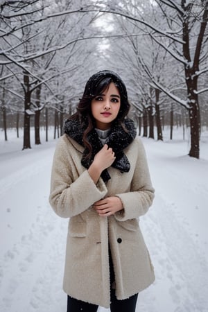 photorealistic,  masterpiece,  best quality,  raw photo, hot  Indian model Shirley setia , beautiful black hair, trendy  winter wear, looking gorgeous, model pose , snow fall Sakura forest background, playing with snow ,  intricate detail,  detailed skin,  highres,  hdr,