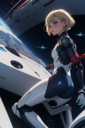 official art, unity 8k wallpaper, ultra detailed, beautiful and aesthetic, beautiful, masterpiece, best quality, (zentangle, mandala, tangle, entangle), girl, skin tight white bodysuit, blonde short hair, eyes blue, small breasts, chrome robotic parts, luxurious cyberpunk, robot, clean luxury spacecraft, science fiction, stasis pod,  fetal position,westworld