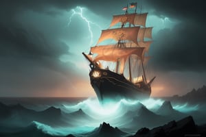 A pirate ship in a storm with dark clouds around on top in the style of detailed fantasy art, nightcore, quiet moments captured in paint, radiant clusters, i cant believe how beautiful this is, detailed character design, dark cyan and light crimson,  Place him in a lush and opulent environment, surrounded by rich colors and elegant designs”.