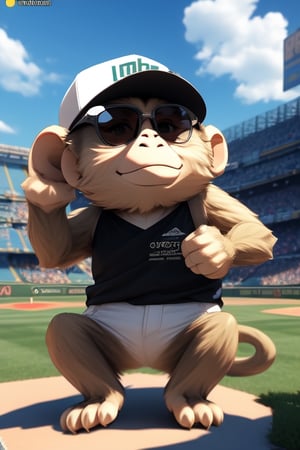 monkey wearing sunglasses and baseball cap with "NGD Project" text as logo., anime, illustration, fashion, cinematic, poster, 3D rendering, photo, vibrant