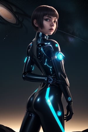 REMIX-Tony_Wizard - cyborg combat girl looking at the void, futuristic, outer space, dark ambiance, planets and stars in the background, whity lightning,  luminous elements in the body, full equipped, aerodynamic latex suit, 16k, ue5, adapted by ake