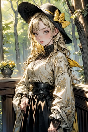 masterpiece,illustration,ray tracing,finely detailed,best detailed,Clear picture,intricate details,highlight,
anime,
gothic architecture,
looking at viewer,

nature,gothic architecture,bird,the lakeside in the heart of the forest,the staircase of the balcony,

NikkeRei,
1girl,loli,baby,long hair,hat,light blonde hair,
yellow bow,yellow bag,skirt,upper body,
NikkePenguin,Penguin,