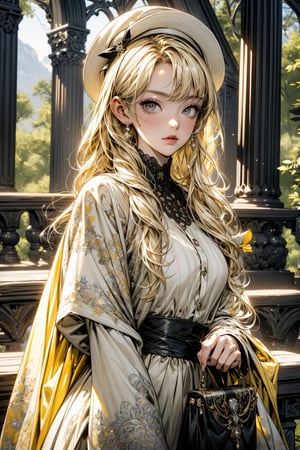 masterpiece,illustration,ray tracing,finely detailed,best detailed,Clear picture,intricate details,highlight,
anime,
gothic architecture,
looking at viewer,

nature,gothic architecture,bird,the lakeside in the heart of the forest,the staircase of the balcony,

NikkeRei,
1girl,loli,baby,long hair,hat,light blonde hair,
yellow bow,yellow bag,skirt,upper body,
NikkePenguin,Penguin,