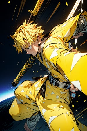 zenitsu in his serious form falling into infinity castle with his yellow lightning katana