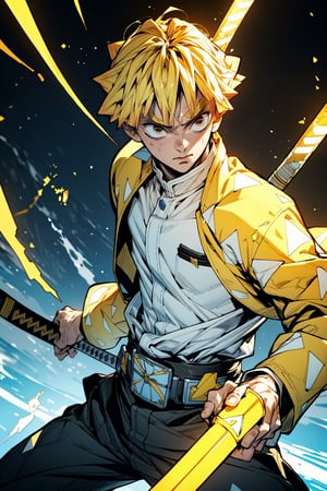 zenitsu in his serious form falling into infinity castle with his yellow lightning katana