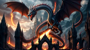 A dragon, 4k, wrench_elven_arch, A sky ablaze over an elven city in ruins with gothic architecture, surrounded by ominous demonic veins mountains,DonMD3m0nV31ns,EpicArt