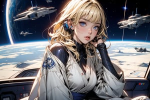 1girl, solo, breasts, star wars, looking at viewer, bangs, blue eyes, blonde hair, long sleeves, sitting, parted lips, medium hair, headphones, helmet, headset, space, planet, earth \(planet\), cockpit,Anigame ,raidenshogundef