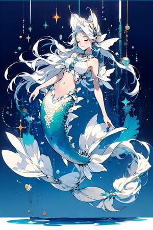 1girl, solo, long hair, breasts, navel, full body, closed eyes, white hair, midriff, watermark, monster girl, mermaid, colored_skin, goldfish tail