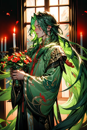 solo, long hair, long sleeves, 1boy, holding, very long hair, standing, flower, male focus, green hair, indoors, wide sleeves, petals, red flower, holding flower, candle, vase,xianyun