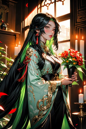 solo, long hair, long sleeves, 1girl, holding, very long hair, standing, flower, female focus, black hair, indoors, wide sleeves, petals, red flower, holding flower, candle, vase,xianyun