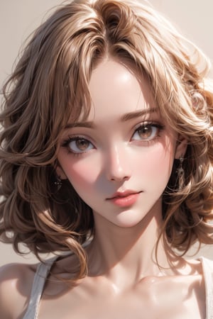 Create a good looking friendly faced girl, her face is round, her hair is curly and light brown, she has little nose and her eyes are honey 