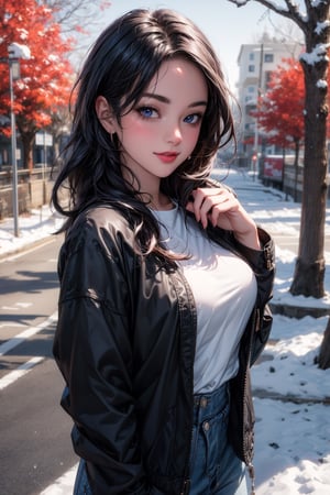 20year old hispanic women, wearing a beautiful top and jins and jacket and she shoot a photo behind her background tree and snow ,wet hair , blue eyes , black hair , smiling, medium breast , shopping, taken with a canon Eos R5 and 85mm lens , photo realistic images, clear realistic outdoor background,hd 