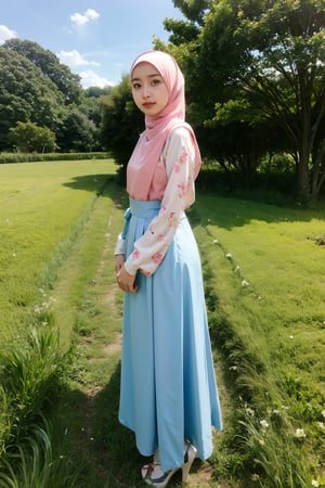 Sky_blue color, 1 girl, solo, hijab, looking at viewer, natural, no make_up,
Hanbok, heels,
Standing,
Grassland, outside,
,Masterpiece,H3NUY 