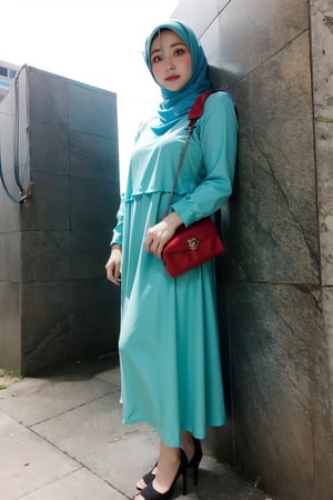 Cyan color, 1 girl, solo, hijab, looking at viewer, natural, no make_up,
Long Dress, heels, toothbag, watch 
Standing,
Seoul, City, outside,
,Masterpiece,H3NUY ,R15M ,In0r 