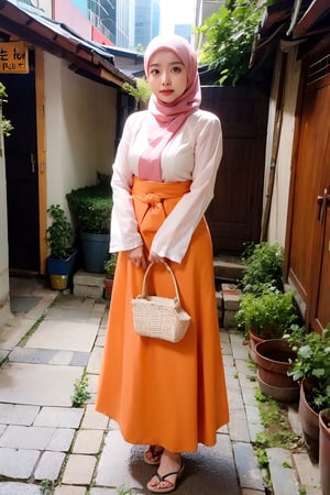 Orange color, 1 girl, solo, hijab, looking at viewer, natural, no make_up,
Hanbok, heels, toothbag
Standing,
Seoul, City, outside,
,Masterpiece,H3NUY 