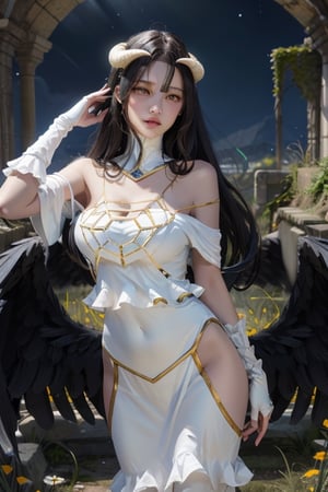 masterpiece, best quality, highres, al1, demon horns, slit pupils, white gloves, white dress, bare shoulders, detached collar, cleavage, black wings, feathered wings, low wings, cowboy shot, field, ruins, night, standing, hand on hip, black hair