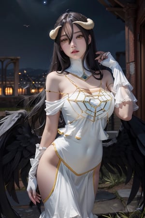 masterpiece, best quality, highres, al1, demon horns, slit pupils, white gloves, white dress, bare shoulders, detached collar, cleavage, black wings, feathered wings, low wings, cowboy shot, field, ruins, night, standing, hand on hip, black hair