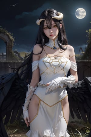 masterpiece, best quality, highres, al1, demon horns, slit pupils, white gloves, white dress, bare shoulders, detached collar, cleavage, black wings, feathered wings, low wings, cowboy shot, field, ruins, night, standing, hand on hip, black hair