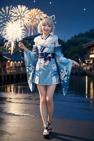 2d, masterpiece, best quality, anime, highly detailed, full body, 1girl, solo, gura_kimono, blue kimono, fur collar, smile, sharp teeth, standing, japanese town, new years, fireworks, night