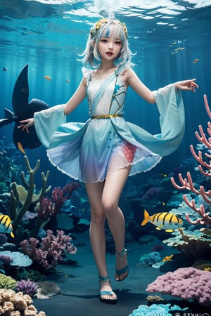 2d, masterpiece, best quality, anime, highly detailed, full body, 1girl, solo, gura_atlantis, gradient dress, laurel crown, sandals, :d, sharp teeth, trident, shark tail, underwater city