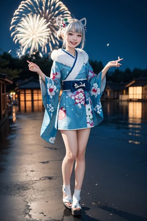 2d, masterpiece, best quality, anime, highly detailed, full body, 1girl, solo, gura_kimono, blue kimono, fur collar, smile, sharp teeth, standing, japanese town, new years, fireworks, night