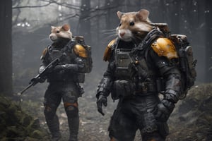 4K, 8K, masterpiece, perfect focus, in_focus, clear focus, best quality, insanely realistic, life like photo, long shot of squad of hamsters futuristic guns raised sneaking into a human base in a jungle at night like in the movie act of valor, hamsters shooting sci-fi guns, hamsters aiming rifle, act of valor, genji armor, YAKEDA Full Protection Tactical Tank Top, bomb suit, flak jacket, cloak, jungle camo armor pattern with neon orange trim, soldier pants on hamsters, holding glowing lightning sword, aiming guns, firing guns, sci-fi open faced hamster helmet, hamsters with cyberpunk headgear, full body armor, weapon master, sword in hand, sword neon glow, neon wrist weapons, bulky weathered space marine armor, perfect eyes, vengeful amber eyes, insanely detailed eyes, hyper realistic eyes, glassy eyes, 4k eyes, sci fi daggers on body, leader sword in hand, leader pistol in hand, leader shotgun, grenades, ultra detailed, flak armor, full body armor, super ripped hamsters, huge muscles, neck protection armor, astronaut helmet on hamsters, hamster with translucent visored helmet, sci fi helmets, tan weathered and ripped cloaks, cyberpunk armor, enforcer armor, full sci-fi plate armor, bandoliers, hamsters throwing grenades, hamster raising fist, super muscular hamsters, artificially enhanced hamsters, intricately detailed guns, hyper detailed guns, intricately detailed weapon detail, guns shouldered, all faces hyper realistic, first two rows faces hyper realistic, Sci fi guns, grumpy gorilla, leader weapon in hand, warrior, warrior armor, leader weathered red matter power suit armor, leader bulky armor, leader detailed eyes, hyper detailed eyes, Extremely detailed face, movie quality face, with a gun, sci-fi armor, cyborg armor, Extremely detailed armor, cyberpunk gasmask, armor glowing trim, helmets, radiance, attack stance, combat stance, rifle, raised, pistol raised, random expression, Congo-apes, Billy ape, helmets with face, flak_jackets, juggernaut armor, enforcer, torches in hand, torches, cinematic fire, chest armor, chest armor, shin_ armor, battle belts, tools on belt, bandolier, modern body armor, tech gauntlet, wrist armor, weapons, weapons in hand, weapons on back, the end of humanity, hammers, perfect faces, interesting expressions, natural skin, textured skin, hyper detailed faces, Extremely detailed faces, pores, Extremely detailed weapons, Extremely detailed bodies, planet of the hamsters, HIGH resolution, SUPER resolution, HYPER resolution, HD resolution, BEAUTIFUL, neon signs, Extremely detailed fur, photorealistic fur, Caesar from planet of the hamsters