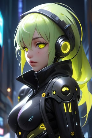 masterpiece, best quality, elf, rena erindel, 1girl , {{techwear}}, short latex open jacket, dark hoodie, metal combat suit , bangs, {{light yellowish green hair}}, {{long hair}}, messy hair, hair between eyes , medium breasts, short pointyears, beautiful detailed darkolivegreen tech cyborg eyes , dirty cyborg, broken cyborg, expressionless , {{shiny skin}}, {{{{cyberpunk}}}}, kowloon, night, small rain, fog, neon, warframe , extremely detailed, {{{masterpiece}}}, best quality, illustration,chibi,full body