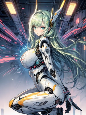 best quality illustration masterpiece,detailed eyes,white skin,detailed hair,extremely detailed 8k CG unity wallpaper,amazing designer,best film studio cinema lighting,simple and comfortable color palettes,

elf,rena erindel,1girl,a girl (with mechanical arms,beautiful detailed darkolivegreen tech cyborg eyes,white skin,thin body,((broken mecha bodysuit)), ((squatting)),from side

light yellowish green hair,very long hair,messy hair,curtained hair, short pointyears,

((huge_breasts)),(((pointy breasts))),bursting breasts, unaligned_breasts, hair_over_breasts,

expressionless face,expressive eyes and emotions background with soap bubbles,beautiful blue sky,a beautiful and vast place at the same time,cyberpunk,mecha,jump