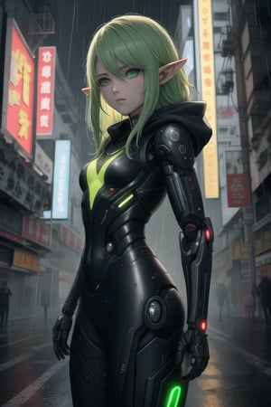 masterpiece, best quality, elf, rena erindel, 1girl , {{techwear}}, short latex open jacket, dark hoodie, metal combat suit , bangs, {{light yellowish green hair}}, {{long hair}}, messy hair, hair between eyes , medium breasts, short pointyears, beautiful detailed darkolivegreen tech cyborg eyes , dirty cyborg, broken cyborg, expressionless , {{shiny skin}}, {{{{cyberpunk}}}}, kowloon, night, small rain, fog, neon, warframe , extremely detailed, {{{masterpiece}}}, best quality, illustration,chibi