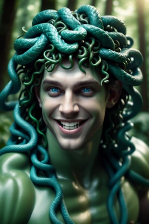 realistic dramatic photo, young male medusa, green loincloth,  ice blue eyes, sarcastic smile, majestic, athletic, detailed face, detailed skin texture, majestic, epic lush dark forest, hyper realistic, cinematic lighting, absurdres, finely detailed, perfect hands, (selective focus:1.2),more detail XL