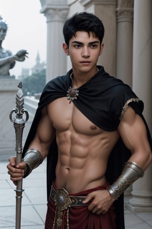 Cinematic film still, close-up, 18-year-old Hispanic twink, holding a (ceremonial spear:1.0) upright with determination, (shirtless:1.0) with a (royal knight's cape:1.0) and (ornate silver arm bracers:1.0), in a (grand palace courtyard:1.0) with (marble sculptures:1.0) and (blooming rose bushes:1.0), photorealistic, epic, gorgeous, moody, vignette, bokeh, shallow depth of field, highly detailed