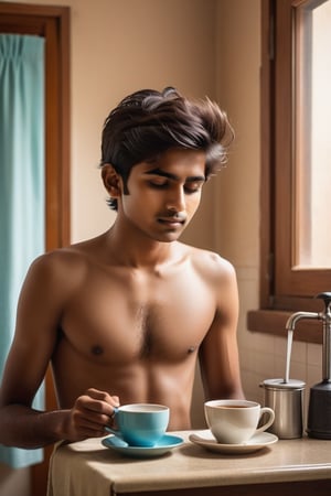 Create an image of a typical morning routine for a young indian man. The scene should depict a normal boy who has just woken up, with tousled hair and sleepy eyes. He is seen getting ready for the office after taking a refreshing bath and having a simple breakfast. The background should capture the warmth of a cozy bedroom with morning light streaming in. Showcase the details of the boy selecting his clothes, combing his hair, and perhaps enjoying a cup of coffee or tea. The atmosphere should convey the routine yet relatable moments of a person preparing for a productive day ahead. realstic image, brown eyes, ,more detail XL