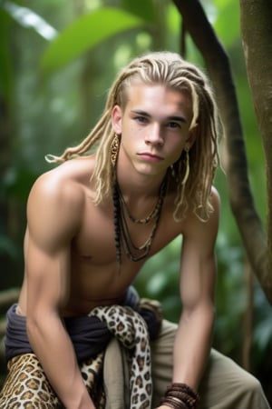 Wild teenage ((male)) kneeling on a tree branch in a jungle, long blond dreadlocked hair, leopard print sarong wrapped around his waist,