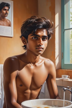 Create an image of a typical morning routine for a young indian man. The scene should depict a normal boy who has just woken up, with tousled hair and sleepy eyes. He is seen getting ready for the office after taking a refreshing bath and having a simple breakfast. The background should capture the warmth of a cozy bedroom with morning light streaming in. Showcase the details of the boy selecting his clothes, combing his hair, and perhaps enjoying a cup of coffee or tea. The atmosphere should convey the routine yet relatable moments of a person preparing for a productive day ahead. realstic image, brown eyes, ,more detail XL