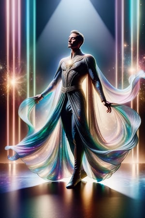 A male dancer, wearing a dance costume with a long flowing cape. The dance costume is formed by a soft-colored transparent liquid splashed in the Iridescent Organza reflective liquid and a fluid lace texture. It has high details, delicate light and shadow, high texture, and high Quality, dark background, bokeh, professional panoramic shooting ,DonMQu4n7umZ3r0XL ,glitter,shiny