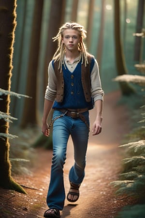 (Full body), 1boy, 18yo, blonde dreadlocks, blue eyes, skinny no muscles, bell bottom jeans, no shirt, long knitted vest, sandals, walking in a forest, photorealistic, romantic lighting, kodachrome, bokeh, deep depth of field, wide angle, overhead shot, more detail XL:0.5,