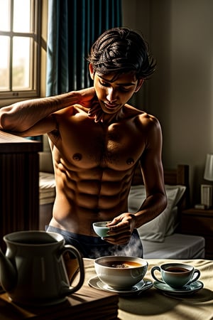 Create an image of a typical morning routine for a young indian man. The scene should depict a normal boy who has just woken up, with tousled hair and sleepy eyes. He is seen getting ready for the office after taking a refreshing bath and having a simple breakfast. The background should capture the warmth of a cozy bedroom with morning light streaming in. Showcase the details of the boy selecting his clothes, combing his hair, and perhaps enjoying a cup of coffee or tea. The atmosphere should convey the routine yet relatable moments of a person preparing for a productive day ahead. realstic image, brown eyes, 