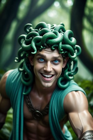 realistic dramatic photo, young male medusa, green loincloth,  ice blue eyes, sarcastic smile, majestic, athletic, detailed face, detailed skin texture, majestic, epic lush dark forest, hyper realistic, cinematic lighting, absurdres, finely detailed, perfect hands, (selective focus:1.2),more detail XL