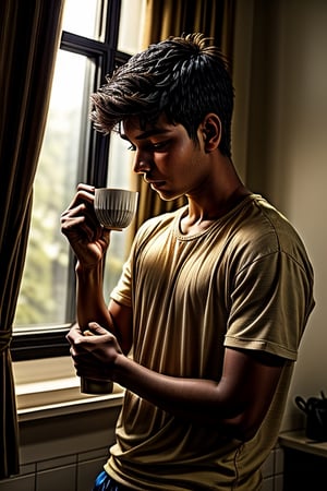 Create an image of a typical morning routine for a young indian man. The scene should depict a normal boy who has just woken up, with tousled hair and sleepy eyes. He is seen getting ready for the office after taking a refreshing bath and having a simple breakfast. The background should capture the warmth of a cozy bedroom with morning light streaming in. Showcase the details of the boy selecting his clothes, combing his hair, and perhaps enjoying a cup of coffee or tea. The atmosphere should convey the routine yet relatable moments of a person preparing for a productive day ahead. realstic image, brown eyes, 