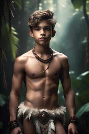 Full body, Long shot, hyperdetailed photography of a shirtless Jungle twink, Intricate Details, fur and feather cloth, strong thighs, Perfect Composition, High Contrast, Clouds, Atmospheric, Moody, Raw photo, realistic, cinematic lighting, soft shadows, sharp focus, fractal, colorful, depth of field, best quality, 16k resolution,more detail XL