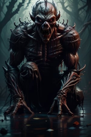 Aesthetic art, best quality, depth of field, high quality cinematic lighting, horror, red eyes, rotten body, rage face, axe, biomechanical armour, berserk aesthetics, fire on a background ,horror, dismorfia, chaos ,Style_SM,monster