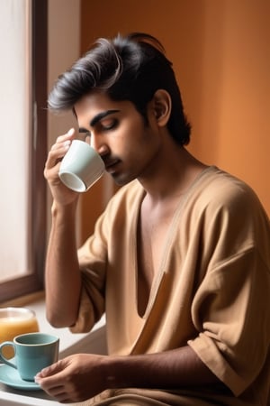 Create an image of a typical morning routine for a young indian man. The scene should depict a normal boy who has just woken up, with tousled hair and sleepy eyes. He is seen getting ready for the office after taking a refreshing bath and having a simple breakfast. The background should capture the warmth of a cozy bedroom with morning light streaming in. Showcase the details of the boy selecting his clothes, combing his hair, and perhaps enjoying a cup of coffee or tea. The atmosphere should convey the routine yet relatable moments of a person preparing for a productive day ahead. realstic image, brown eyes, ,more detail XL