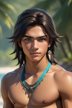 beautiful 16yo native male, flirtatious, (((full body))), shirtless, detailed hair, detailed eyes,more detail XL