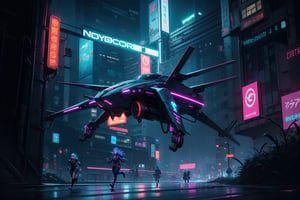  photo, cyberpunk girl, cyber outfit, running, hyper detailed future dystopia, world, night time neon lights. flying cars overhead