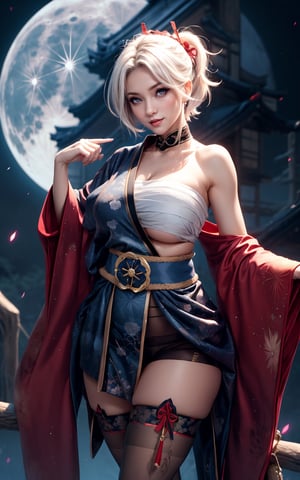 ((1 girl, adorable, happy)), ((off shoulder, japanese clothes, chest sarashi, thighhighs, sash)), (headband, white hair, short hair, blue eyes, makeup), (large breasts, large ass, thick thighs, wide hips, abs, voloptuous), background moon