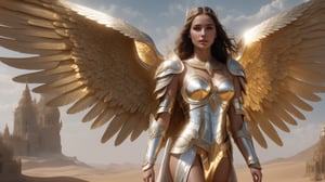 Masterpiece, 4k ultra detail, photo quality, in frame, full body, zoom out observer from a distance, wet textures, cinematic lighting, beautiful female angel, shiny bright chrome fractal armor, large wings, glorius presence, surounded by light, perfect face, perfect body, perfect symetry. perfect teeth, perfect eyes, perfect hair, perfect lips, perfect nose, perfect feet, perfect legs background is a exstravagant golden palace