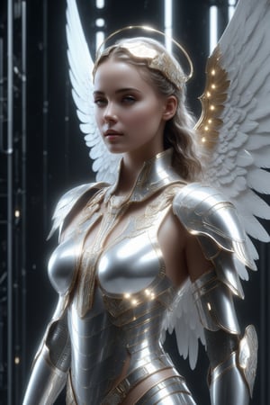 Masterpiece, 4k ultra detail, photo quality, in frame, full body, wet textures, cinematic lighting, beautiful cybernetic female angel, shiny bright chrome armor, fractal wings, glorius presence, surounded by light, perfect face, perfect body, perfect symetry.